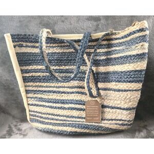 5B Style Handmade Tie-Dyed Jute Tote Bag Blue Striped Large Beach Market Bag NWT